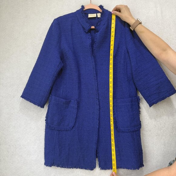 Chicos Jacket Womens 2 Blue Textured Fringe Open Front Pockets Casual Boho Coat - Picture 3 of 8
